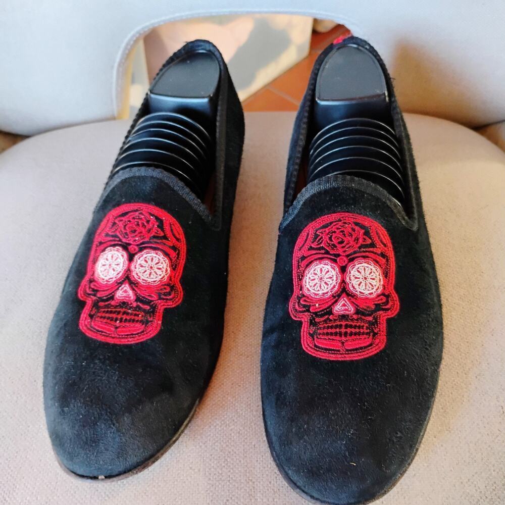 Del Toro Men's Black Moccasin Size 10 velvet black skull halloween theme‎ freaky